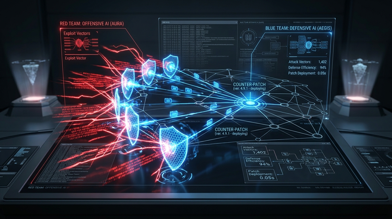 Autonomous Red Team AI battling Defensive Blue Team AI in real-time cybersecurity command center