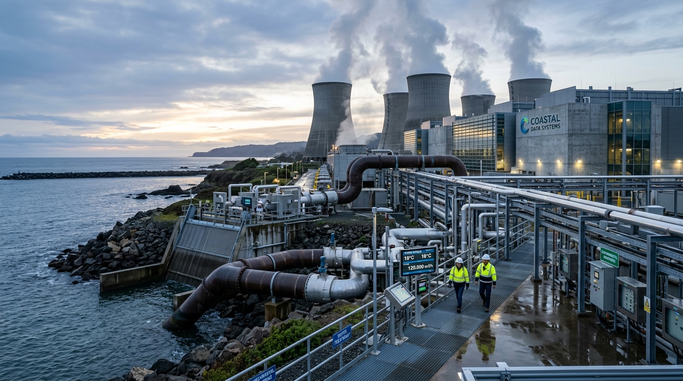 Industrial cooling towers and water intake pipelines at a coastal data facility