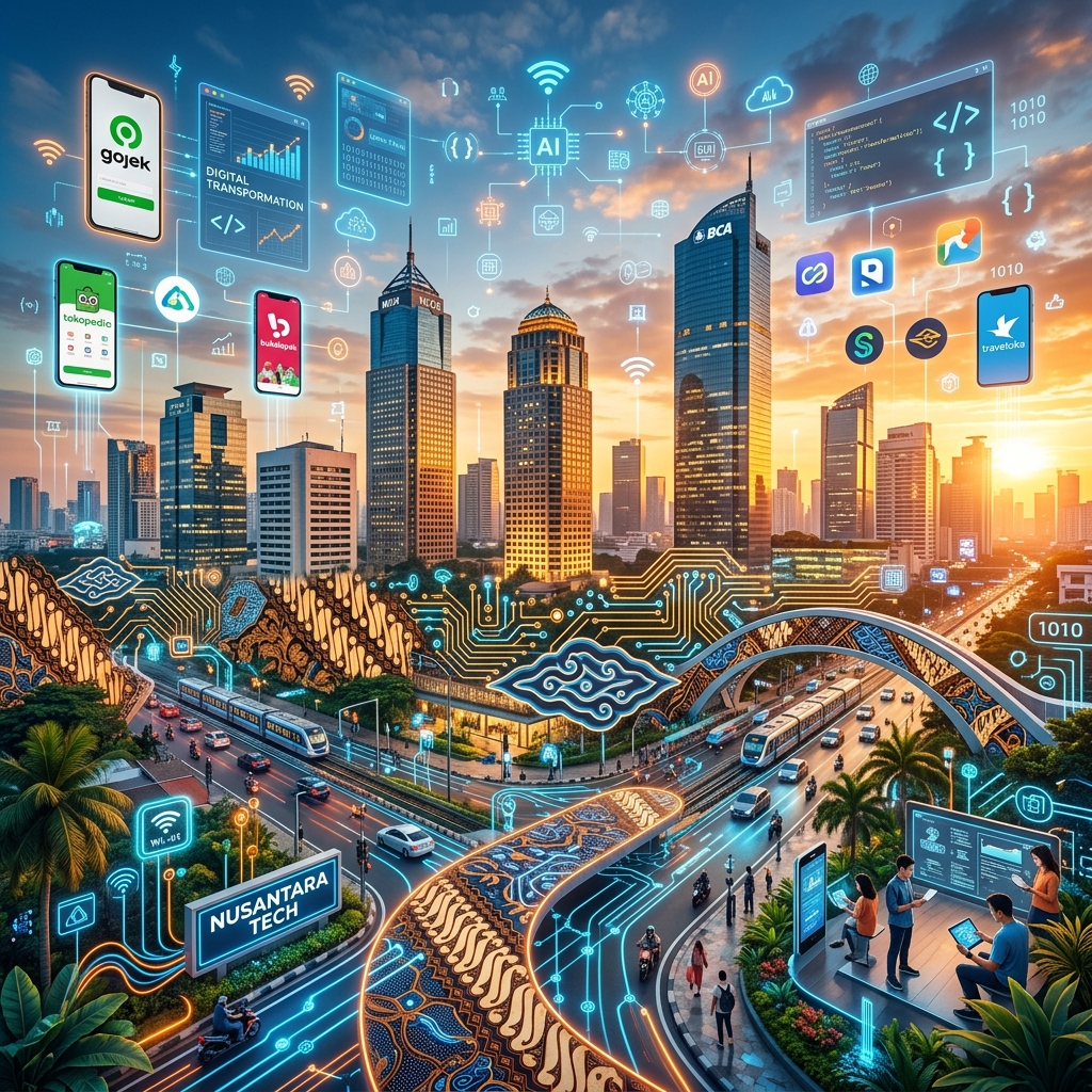 Indonesia's Technology Landscape — Jakarta skyline with digital transformation overlay