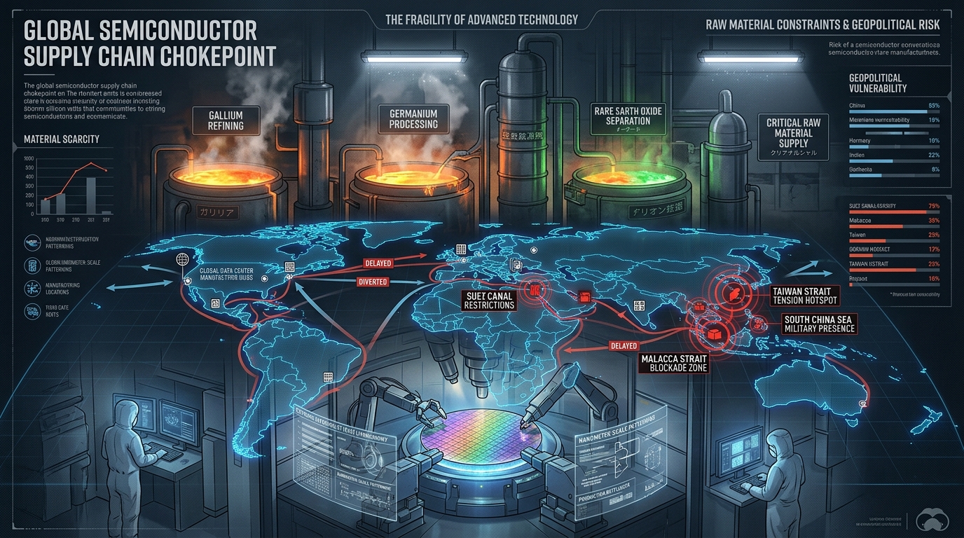 Global Semiconductor Supply Chain Chokepoint Infographic with Mineral Refining Vats and Geopolitical Hotspots